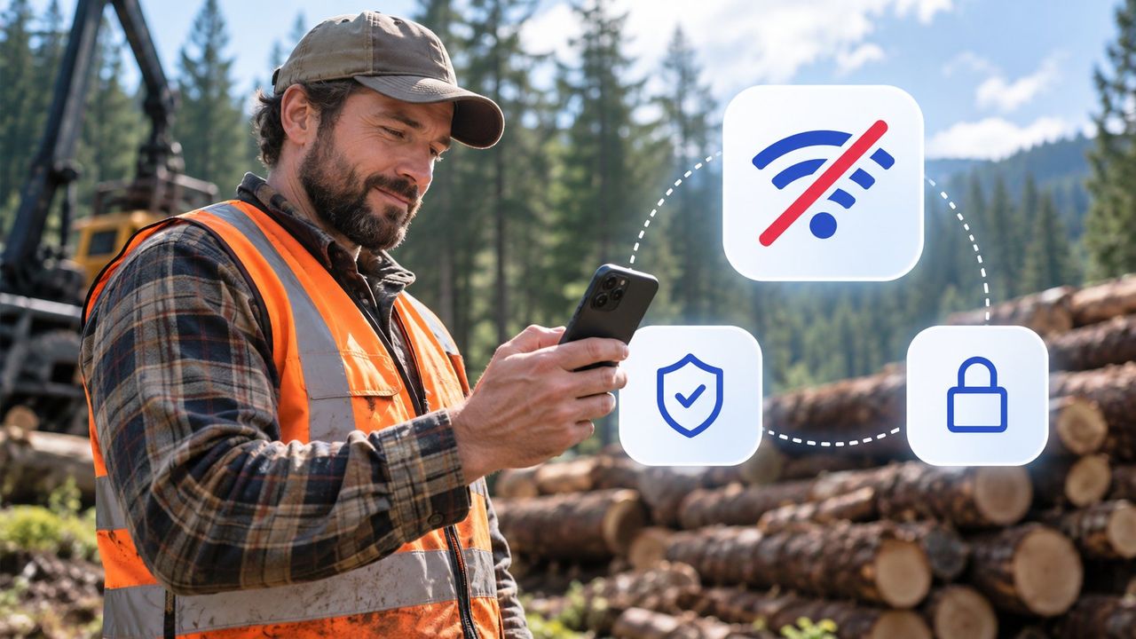 Worker counting logs on site with the CountThings app: works offline, data stays private and protected