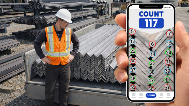 Steel angle bars stacked for truck loading, automatically verified with the CountThings app.